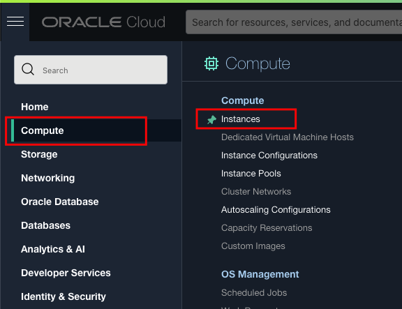 OCI Virtual Machine - Menu to select Compute/Instances